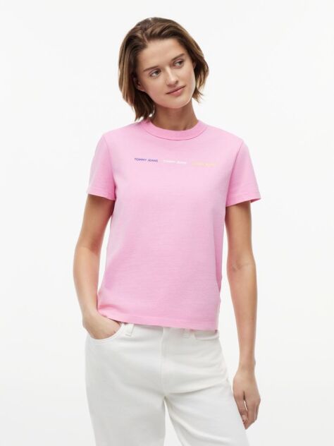 Roz T-Shirt Din Jersey Cu Logo Repetat Cu Efect Spalat  Femei