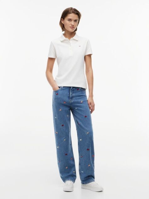 Denim Blugi Cu Croiala Dreapta Slim Talie Inalta Si Broderie Pe Toata Suprafata  Femei