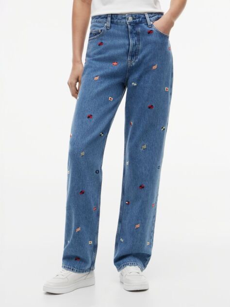 Denim Blugi Cu Croiala Dreapta Slim Talie Inalta Si Broderie Pe Toata Suprafata  Femei