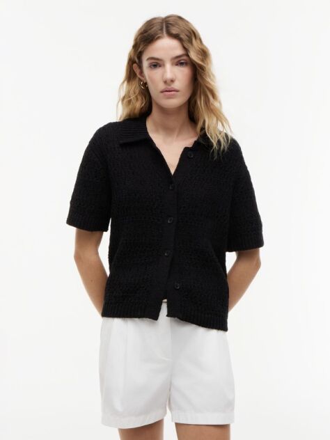 Negru Cardigan Polo Cu Maneca Scurta Si Croiala Lejera  Femei