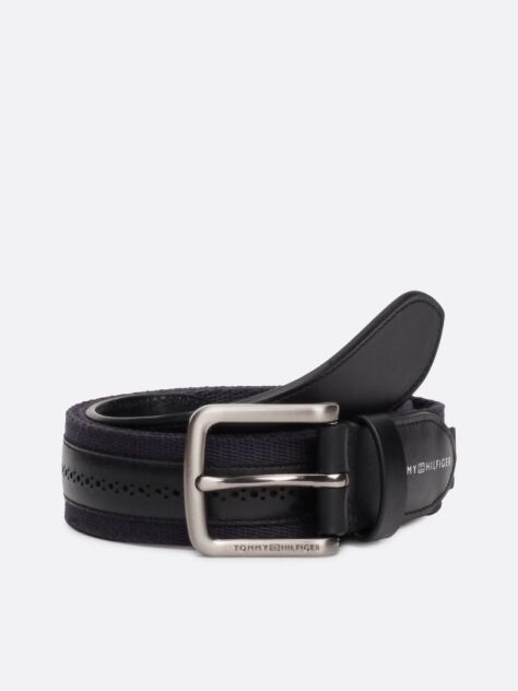 Black Leather And Webbing Casual Belt  Men