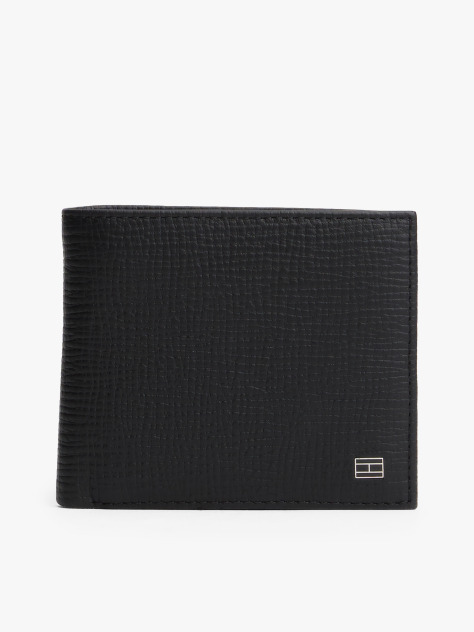 Black Hilfiger Flag Leather Card And Coin Bifold Wallet  Men