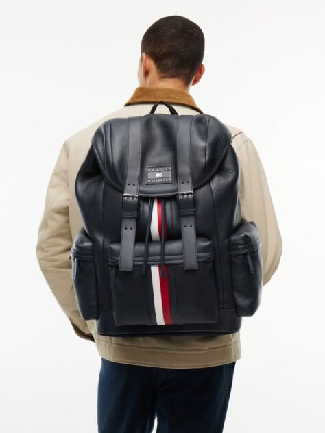 Blue Rucsac Din Piele Cu Clapa Cu Dunga Global  Barbati