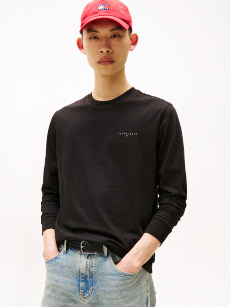 Negru Tricou Slim Cu Maneca Lunga Si Logo Liniar  Barbati
