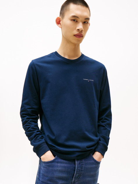 Blue Tricou Slim Cu Maneca Lunga Si Logo Liniar  Barbati