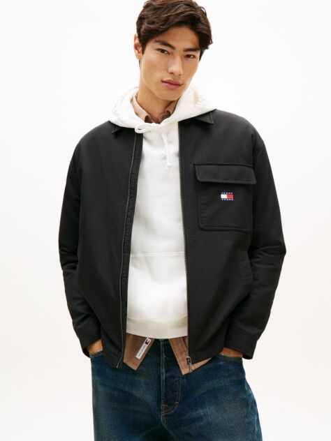 Black Oversized Fit Zip-Thru Corduroy Padded Overshirt  Men
