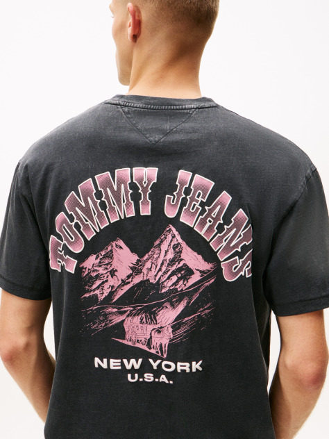 Negru Tricou Relaxat Cu Guler Rotund Si Print Pe Spate  Barbati