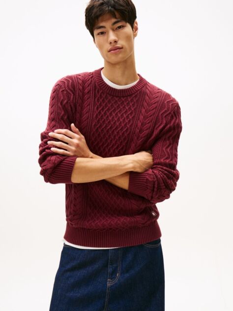 Red Tommy Badge Cable Knit Slim Jumper  Men