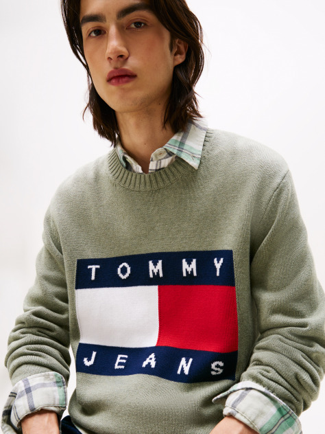 Green Intarsia Flag Badge Mélange Jumper  Men