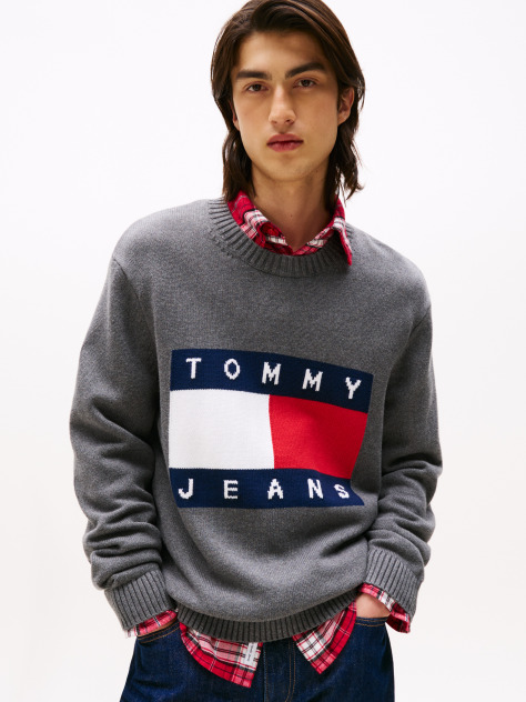 Grey Intarsia Flag Badge Mélange Jumper  Men
