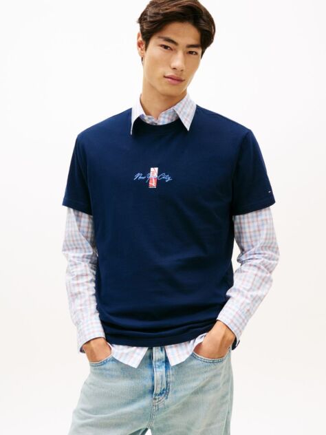 Blue Tricou Cu Guler Rotund Si Broderie Cu Logo Signature  Barbati