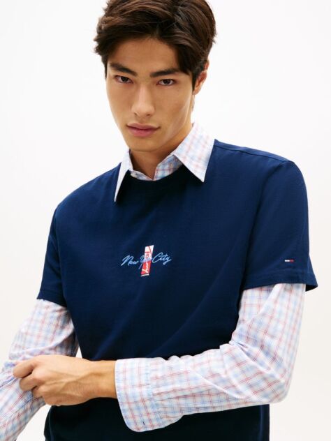 Blue Tricou Cu Guler Rotund Si Broderie Cu Logo Signature  Barbati