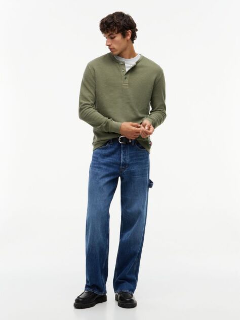 Green Washed Waffle Knit Henley Long Sleeve T-Shirt  Men