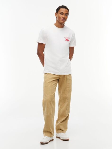 Alb T-Shirt Din Jerseu Cu Guler Rotund Si Logo  Barbati