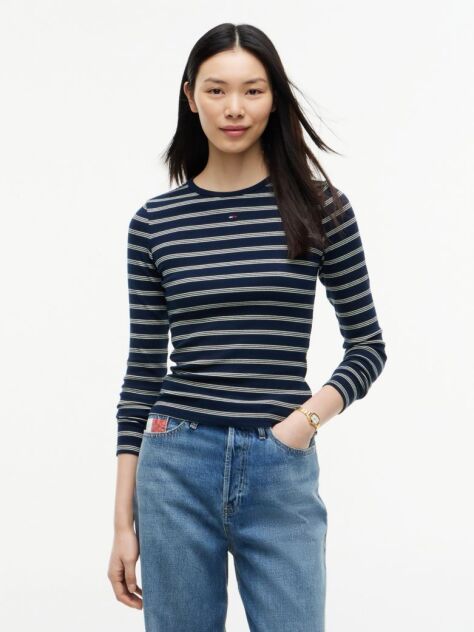 Multi Tricou Slim Cu Maneca Lunga Si Guler Riplat  Femei