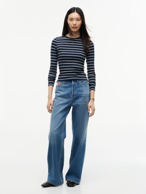 Multi Tricou Slim Cu Maneca Lunga Si Guler Riplat  Femei