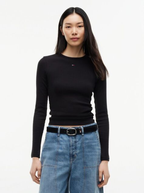 Negru Tricou Slim Cu Maneca Lunga Si Guler Riplat  Femei