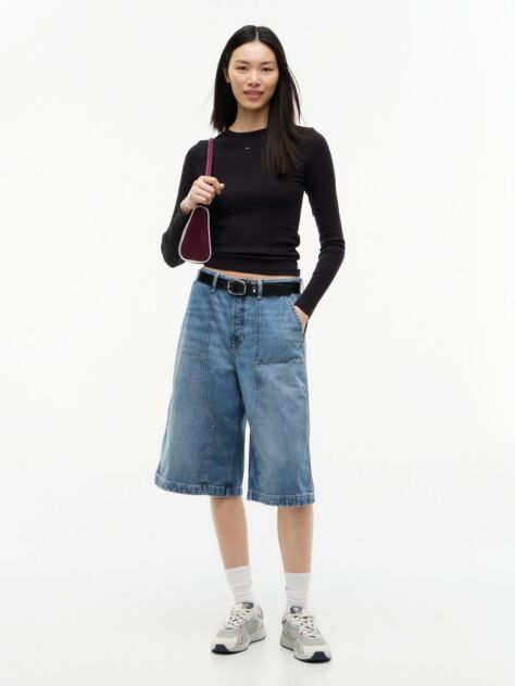 Negru Tricou Slim Cu Maneca Lunga Si Guler Riplat  Femei