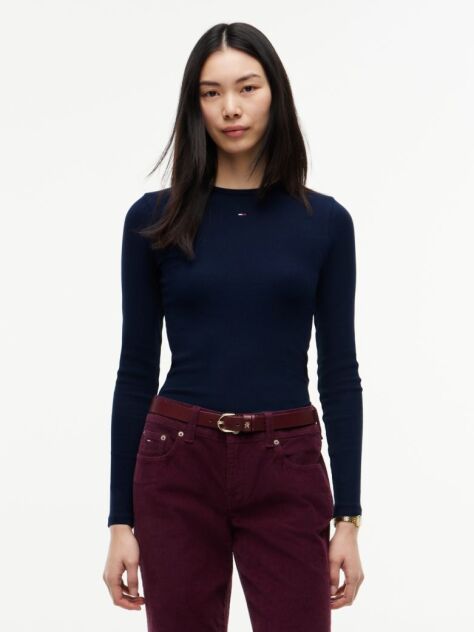 Blue Tricou Slim Cu Maneca Lunga Si Guler Riplat  Femei