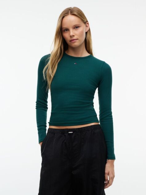 Green Ribbed Slim Long Sleeve T-Shirt  Women
