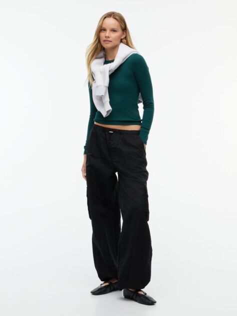 Green Ribbed Slim Long Sleeve T-Shirt  Women