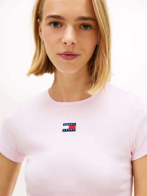 Roz TricouTommy Badge Ribbed Slim   Femei
