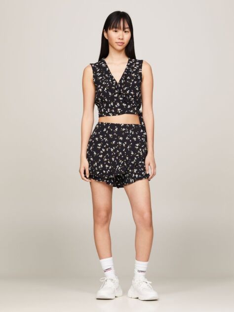 Multi Floral Print Ruffle Wrap Crop Top  Women