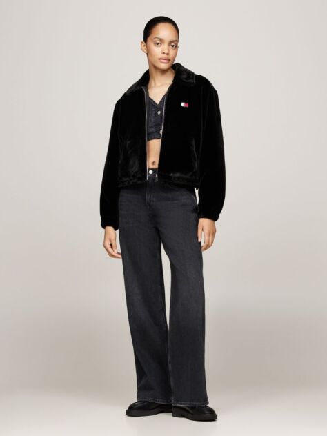 Black Faux Fur Zip-Thru Cropped Jacket  Women