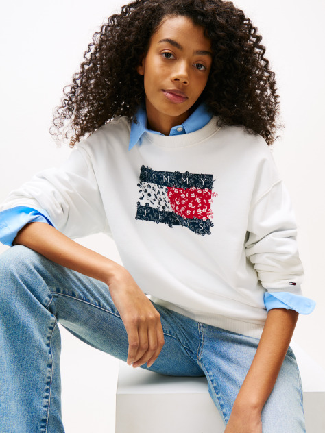 White Relaxed Floral Flag Crew  Women