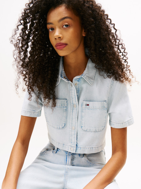 Denim Relaxed Cropped Short Sleeve Lightweight Denim Shirt  Women