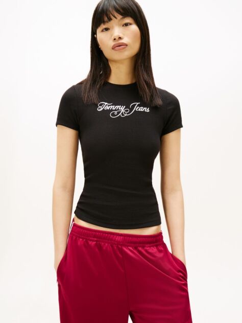 Black Essential Slim Rib Logo T-Shirt  Women