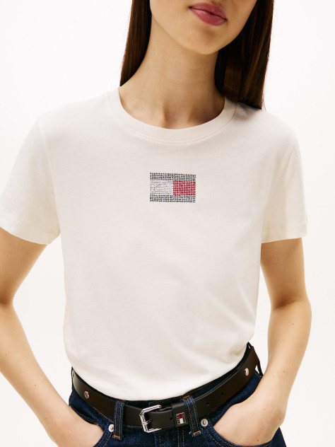 Alb Tricou Cu Guler Rotund Si Emblema Diamante Flag  Femei