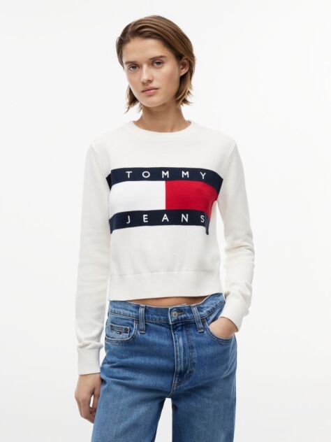 Alb Pulover Cu Guler Rotund Tommy Flag  Femei