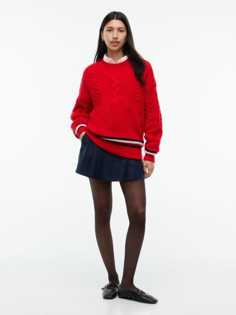 Rosu Pulover Tricotat  Cu Croiala Oversized Din Lana Pura   Femei