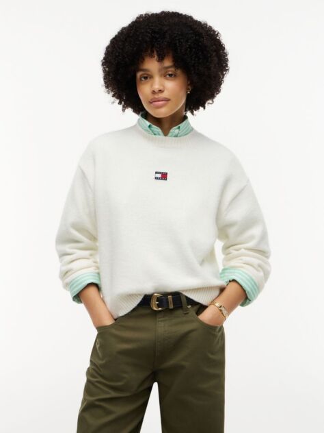Alb Pulover Fluffy Din Alpaca Cu Logo  Femei
