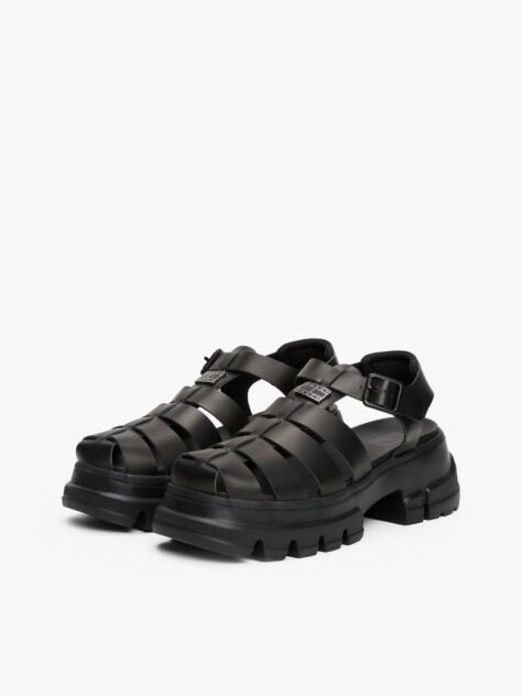 Negru Sandale De Pescarus Chunky Cu Talpa Cleat Din Piele  Femei