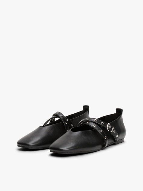 Negru Mary Janes Balerini Din Piele Cu Design Incrucisat  Femei