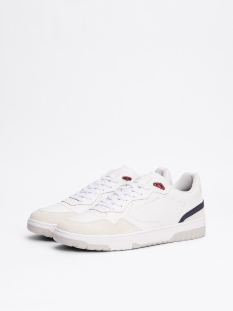 White Leather Mixed Texture Basketball Trainers  Men