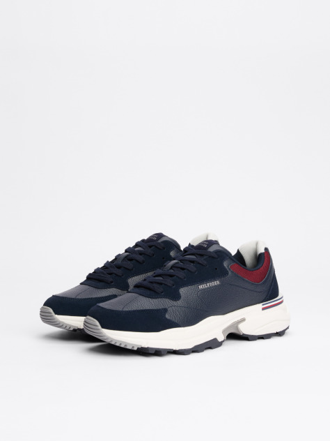 Blue Mixed Texture Leather Trainers  Men