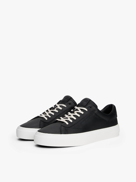 Black Leather Cupsole Trainers  Men