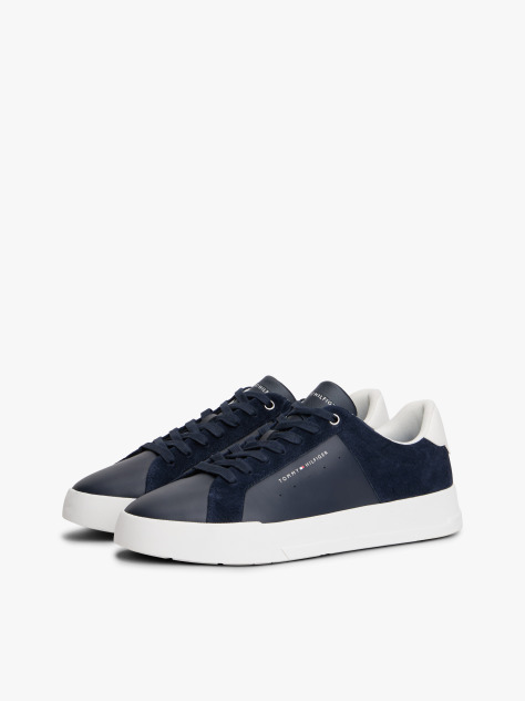 Blue Sneakers Din Piele Cu Texturi Mixte Stil Court  Barbati