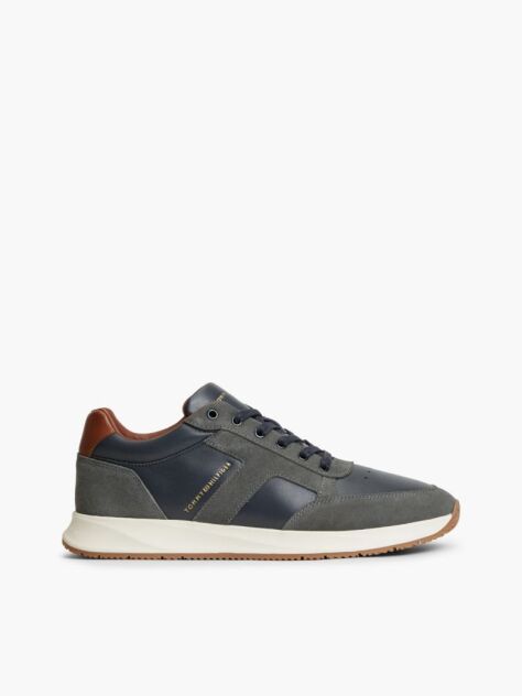 Blue Leather Mixed Texture Trainers  Men