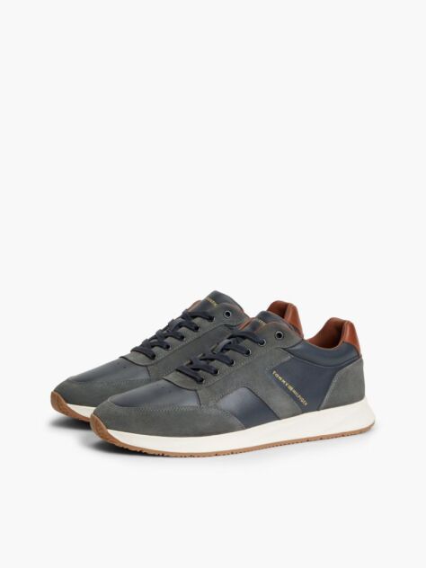 Blue Leather Mixed Texture Trainers  Men