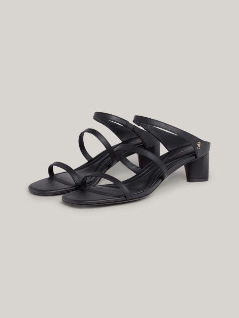 Black Leather Mid-Heel Strap Sandals  Women