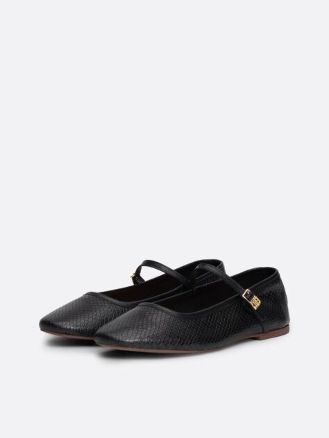 Black Snake Embossed Leather Mary Jane Ballerinas  Women