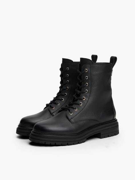 Black Pebble Grain Leather Chunky Boots  Women