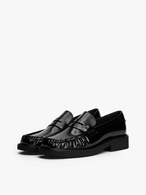 Black Leather Square Toe Loafers  Women