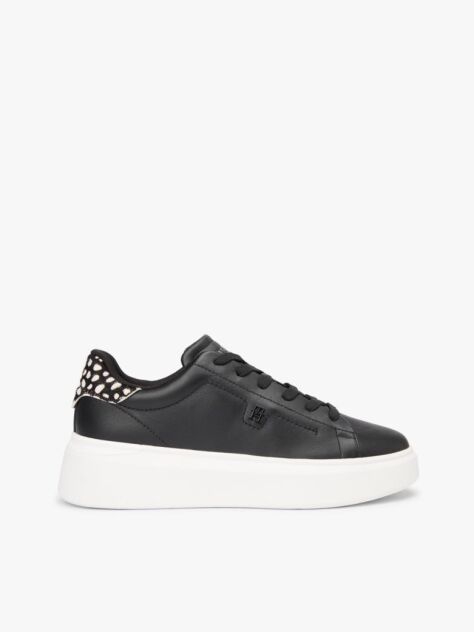 Black Snow Leopard Heel Leather Platform Trainers  Women