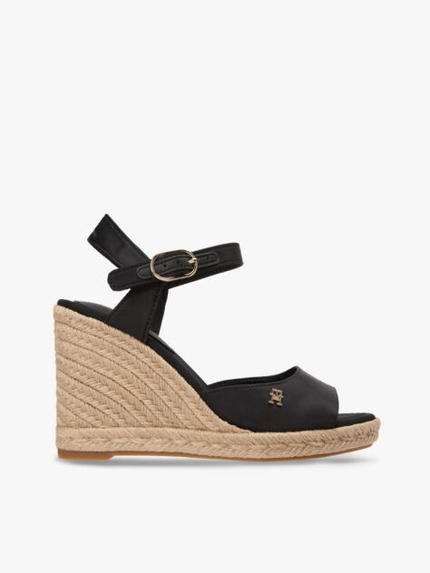 Negru Satin Espadrile Cu Talpa Inalta Si Monogram TH  Femei