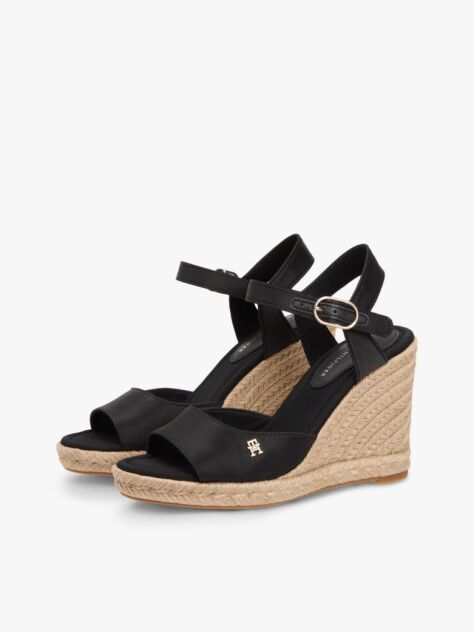 Negru Satin Espadrile Cu Talpa Inalta Si Monogram TH  Femei